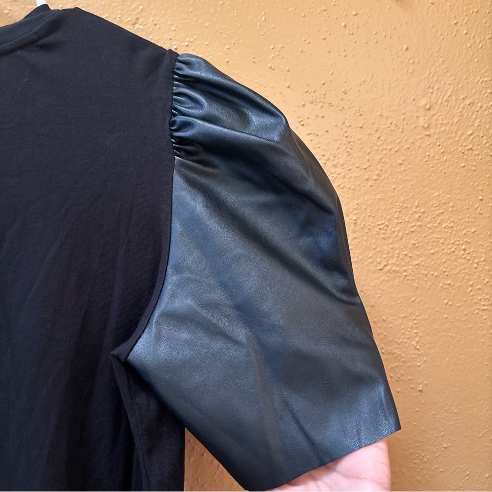 Michael Kors Black Puff Sleeve Top Faux Leather Mixed Media XL - Picture 8 of 10